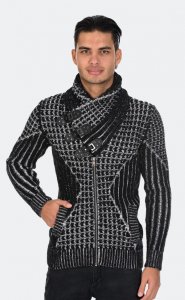 LCR Black / White Modern Fit Wool Shawl Collar Zip-Up Cardigan Sweater 12025