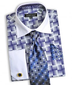 Avanti Uomo White / Navy Blue Geometric Design Shirt / Tie / Hanky / Cufflink Set DN79M