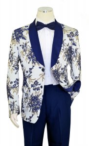 Lanzino Navy Blue / Silver / Gold Lurex Floral Design Shawl Collar Blazer SLM085