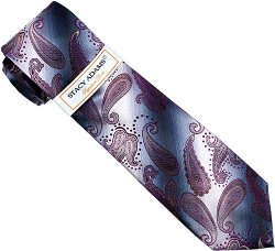 Stacy Adams Collection SA041 Charcoal Grey / Silver Grey / Plum / Beige Paisley Design 100% Woven Silk Necktie/Hanky Set