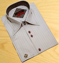 Axxess Champagne Herringbone Design With Brown Double Hand-Pick Stitching 100% Cotton Dress Shirt 07-24