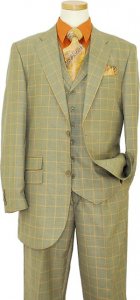 Bertolini Sage Green / Brown / Tan High Twist Micro-weave With Cognac Windowpanes Wool & Silk Blend Vested Suit 78009