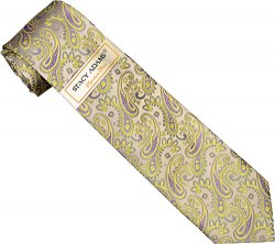 Stacy Adams Collection SA105 Champagne / Purple / Gold Paisley Design 100% Woven Silk Necktie/Hanky Set