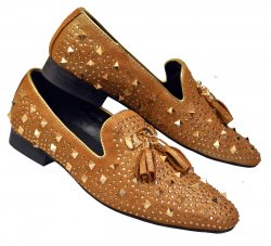 Fiesso Metallic Gold Studded / Lurex Genuine Leather Slip On Shoes With Tassels FI7005