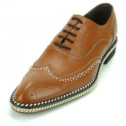 Fiesso Tan Leather Lace-Up Silver Sole Bracelet / Studs Shoes FI7201.
