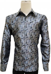 Bagazio Blue / Camel / Navy Paisley Embroidered Long Sleeve Satin Shirt BM2246