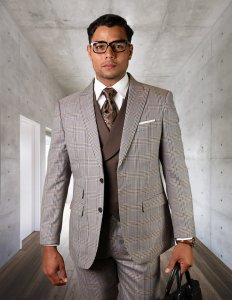 Statement "Tivoli" Beige / Brown / Blue Super 180's Cashmere Wool Vested Modern Fit Suit