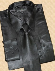 Daniel Ellissa Satin Black Dress Shirt/Tie/Hanky Set