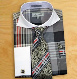 Fratello Grey / Black / Red / White Plaid Shirt / Tie / Hanky / Cufflinks Set FRV4124P2