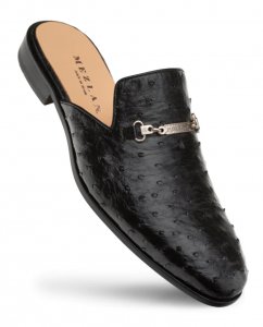 Mezlan "SX4839-S" Black Genuine Ostrich Slide Mule Half Shoes.