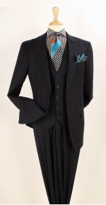 Apollo King Black With Grey / Red Stripes Super 150's Wool Vested Wide Leg Suit WH-132