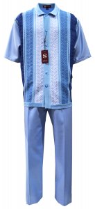Silversilk Powder Blue / Slate / White Woven Design Button Up Short Sleeve Knitted Outfit 2332