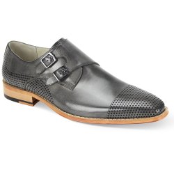 Giovanni "Gyles" Grey Burnished Calfskin Perforated Cap Toe Double Monk Strap Shoes.