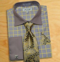 Fratello Grey / Gold Windowpanes Shirt / Tie / Hanky Set With Free Cufflinks FRV4132P2