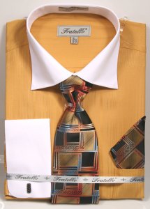 Fratello Honey Gold / White Self Stripe Dress Shirt / Tie / Hanky / Cufflink Set FRV4140P2