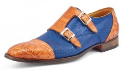 Mauri "Madison" Cognac / Brilliant Blue Genuine Alligator / Karung Monk-Straps Loafer Shoes 4560/2.