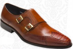 David X "Ethan" Cognac Genuine Ostrich / Calf Hand-Burnished Leather Shoes With Double Monk Strap.