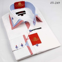 Axxess White / Red / Blue Handpick Stitching Three Layer Collar 100% Cotton Dress Shirt 05-249