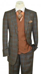 Steve Harvey Pebble Grey / Cognac / Black Plaid Rayon Blend Vested Classic Fit Suit 218866SHS