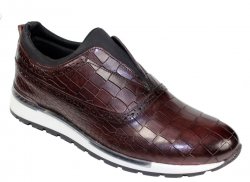 Duca Di Matiste "Imola" Burgundy Genuine Calfskin Leather / Crocodile Print Slip On Sneakers.