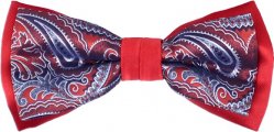 Classico Italiano Red / White Paisley Double Layered Design 100% Silk Bow Tie / Hanky Set
