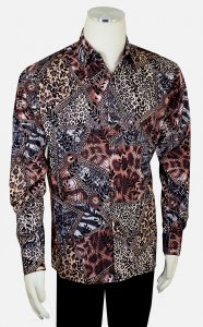 Pronti Brown Combo / Black Velvet Trimmed Multi Pattern Long Sleeve Shirt S6443