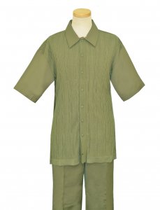Bagazio Sage Green With Hand Woven Stripe / Calligraphy Design Short Sleeves 2 Piece Knitted Outfit BM1325