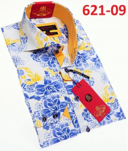 Axxess Yellow / Blue / White Cotton Flower Design Modern Fit Dress Shirt With Button Cuff 621-09.