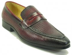 Carrucci Burgundy Genuine Burnished Embossed Calfskin Woven Penny Loafer Shoes KS478-110E.