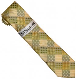Stacy Adams Multi Green / Beige Multi Pattern Checkered Silk Necktie / Hanky Set SA216
