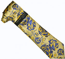 Steven Land Collection "Big Knot" SL135 Yellow / Navy Blue / Royal Blue Floral Design 100% Woven Silk Necktie/Hanky Set