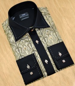 Steven Land Gold / Black Paisley With Gold Hand-Pick Stitching / Black Spread Collar Shirt DS 934