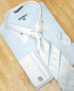Daniel Ellissa Sky Blue/White With Embroidered Design Shirt/Tie/Hanky Set DS3736P2