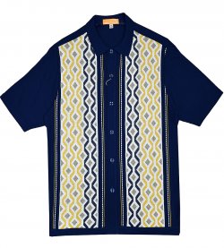 Silversilk Navy / Mustard / White Button Up Knitted Short Sleeve Shirt 8119