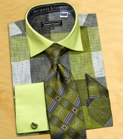 Avanti Uomo Olive / Pistachio / Grey Check Design Shirt / Tie / Hanky Set With Free Cufflinks DN65M