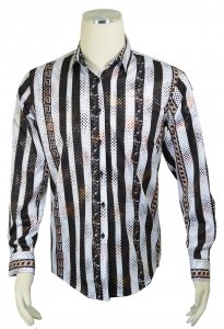 Cielo Black / White / Metallic Bronze Greek Design Satin Long Sleeve Shirt S1834
