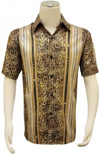 Pronti Camel / Black / Metallic Gold Greek Multi-Pattern Short Sleeve Shirt S6605