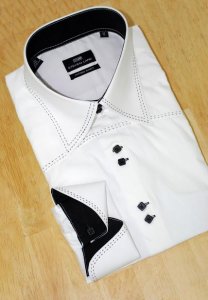 Steven Land White With Black Hand Pick Stitch And Spread Collar 100% Cotton Shirt With French Cuffs DS571