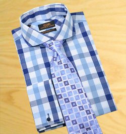 Steven Land White / Navy / Baby Blue Windowpanes 100% Cotton Dress Shirt With Spread Collar/ French Cuffs 1093