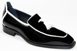 Duca Di Matiste "Fano" Black / White Genuine Italian Patent Leather Tassel Loafer Shoes.
