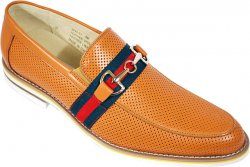 Fratelli Premium Cognac Perforated Leather With Silver Metal Bracelet/ Italian Stripe Loafer Shoes 9040-03