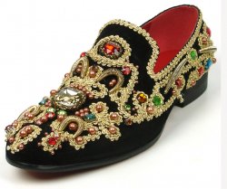 Fiesso Black / Gold Genuine Suede Embroidered Rhinestones Ornamented Slip On Shoes FI7411.