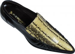 Fiesso Black / Cream Genuine Cobra Snake Skin and Lambskin Leather Pointed Toe Shoes With Artisan Rippled Leather Front FI6592/44