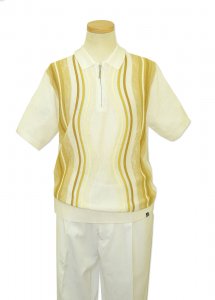 Silversilk White / Camel / Tan / Cream Wavy Design Half-Zip Pullover 2 Piece Short Sleeve Knitted Outfit 9316