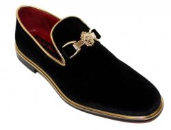 Emilio Franco "EF286" Black / Gold Genuine Velvet Loafer Shoes.