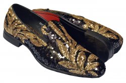 Antonio Cerrelli Black / Gold Floral Design Sequined Slip-On Shoes 6733