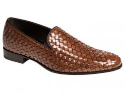 Mezlan "MACARIO" Cognac Antiqued Italian Calfskin with Perforated Design Trim Loafer Shoes