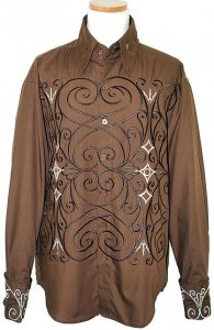 Manzini Brown And Cream Embroidered Button Down High-Collar Long Sleeves 100% Cotton Shirt MZ-78