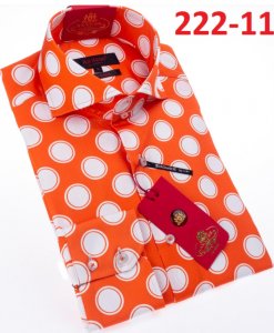 Axxess Orange / White Polka Dots Design Cotton Modern Fit Dress Shirt With Button Cuff 222-11.