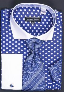 Avanti Uomo Blue / White Polka Dot Design 100% Cotton Shirt / Tie / Hanky Set With Free Cufflinks DN47M